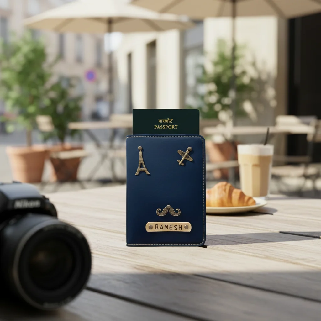 MH Decors Customizable Blue Passport Holder – Name Engraving with Charm