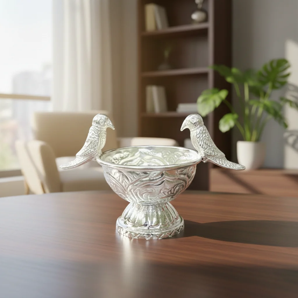 VPH Gift Store Designer German Silver Parrot Bowls for Pooja Room and Gifting