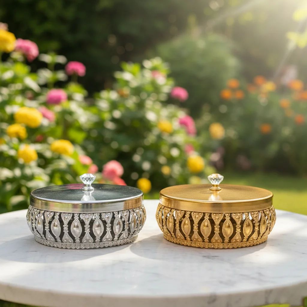 VPH Gift Store Ornamental German Silver Dry Fruit Box with Antique Finish