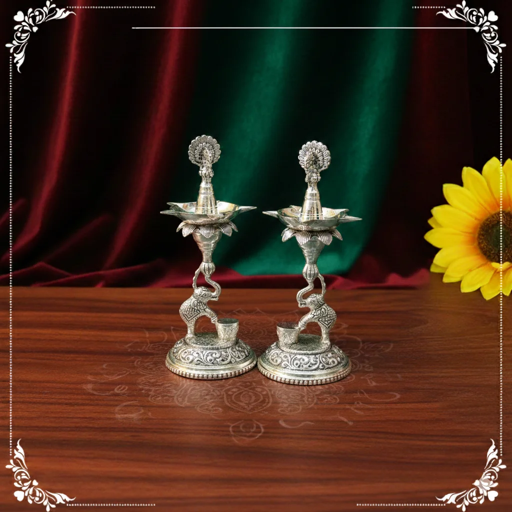 VPH Gift Store Handcrafted 13 Inch German Silver Antique Diyas Premium Quality