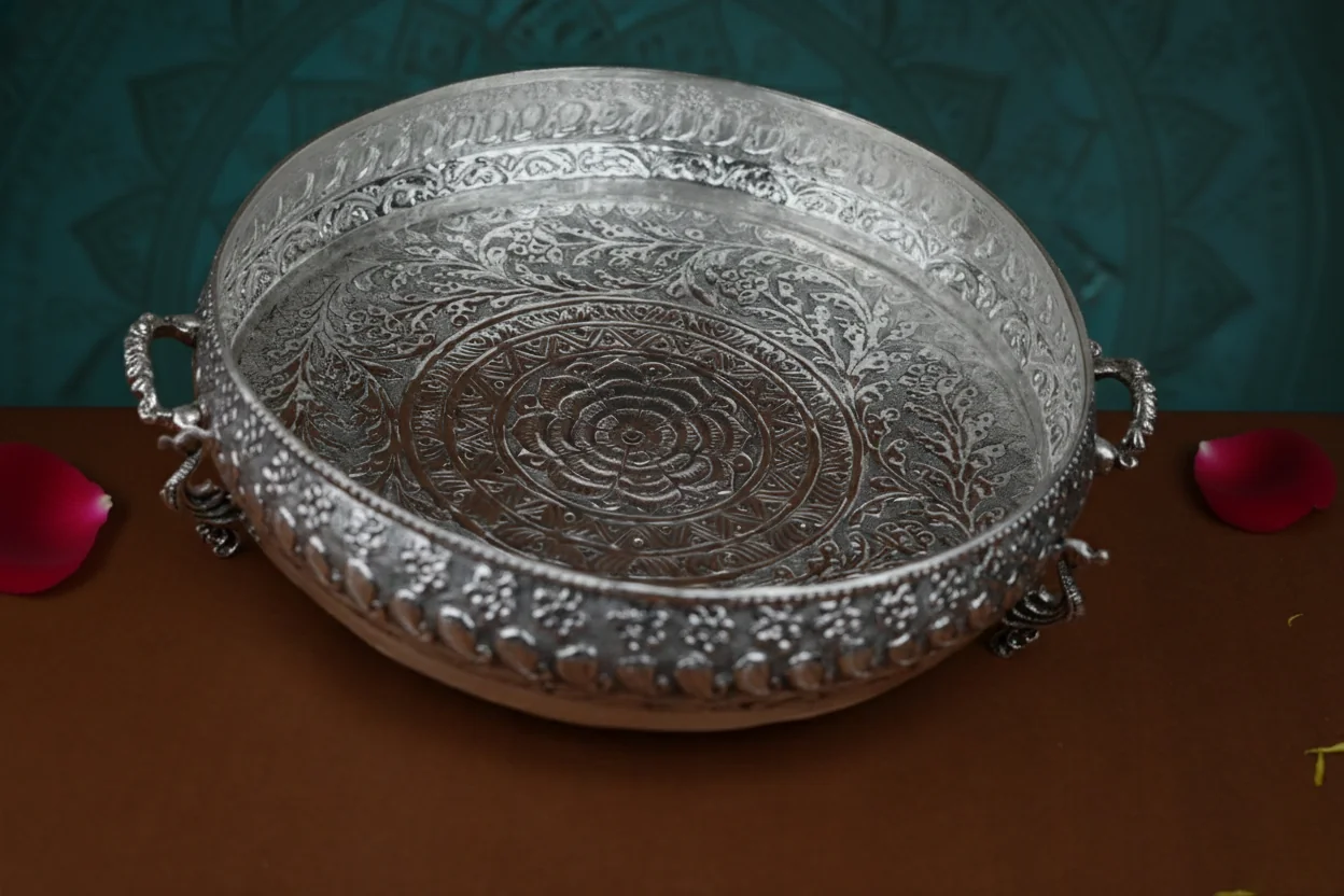 VPH Gift Store Decorative 10 Inch German Silver Antique Tray for Festivals