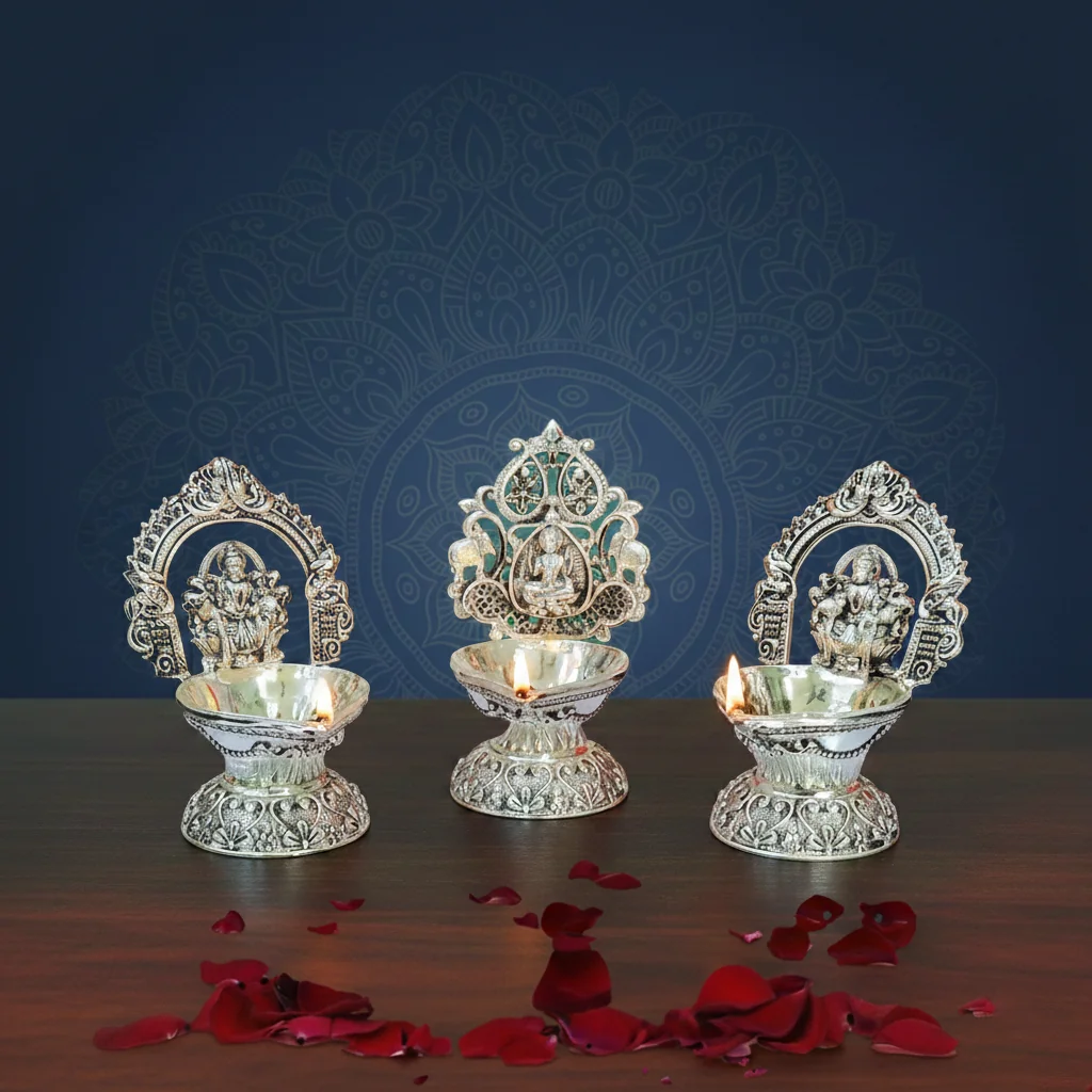 Value Gifts Antique Kamakshi Deepam in German Silver for Religious Ceremonies