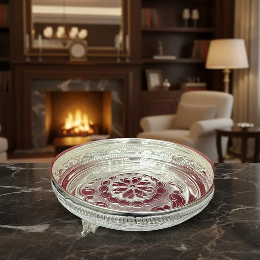 Value Gifts 10 Inch German Silver Plate with Intricate Design for Pooja