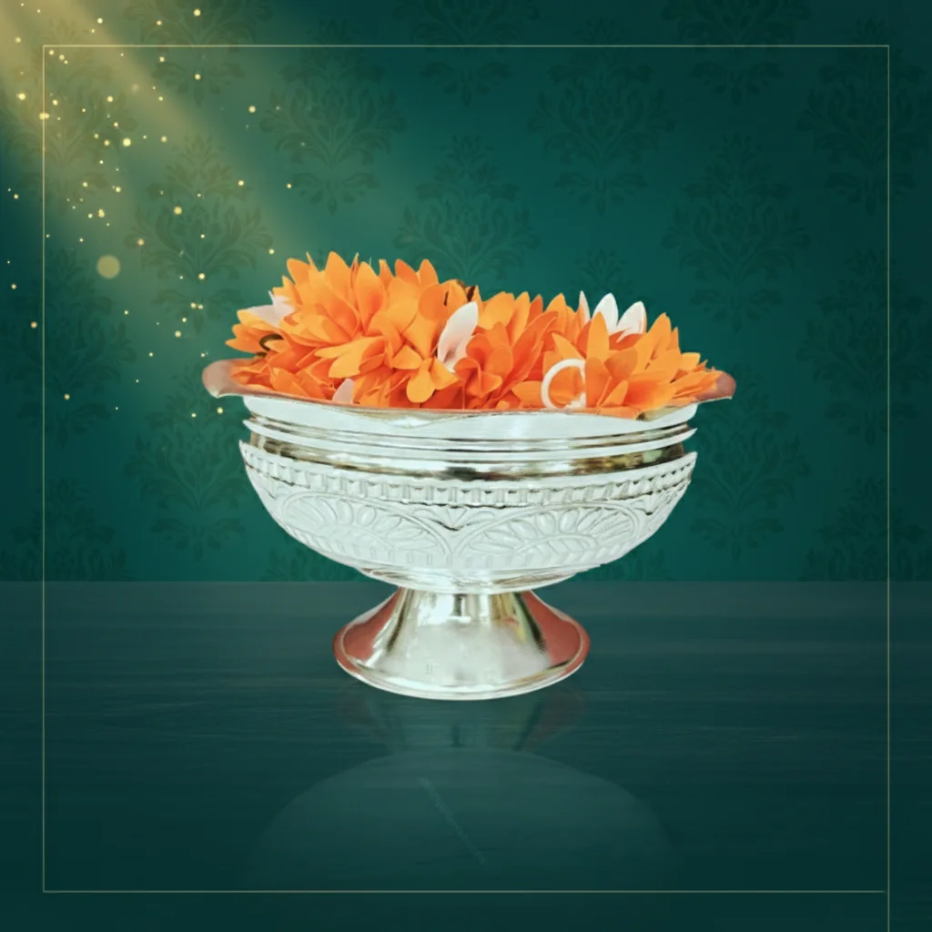 VPH Gift Store Elegant German Silver 6 Inch Prasadam Bowl and Garland