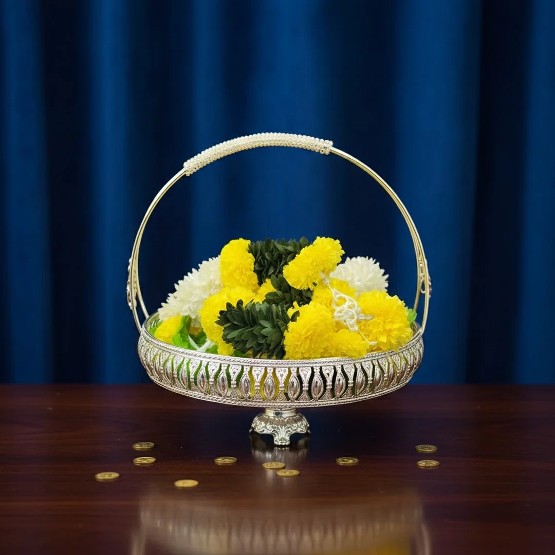 VPH Gift Store Elegant 12 Inch German Silver Tray with Handle for Pooja and Gifting