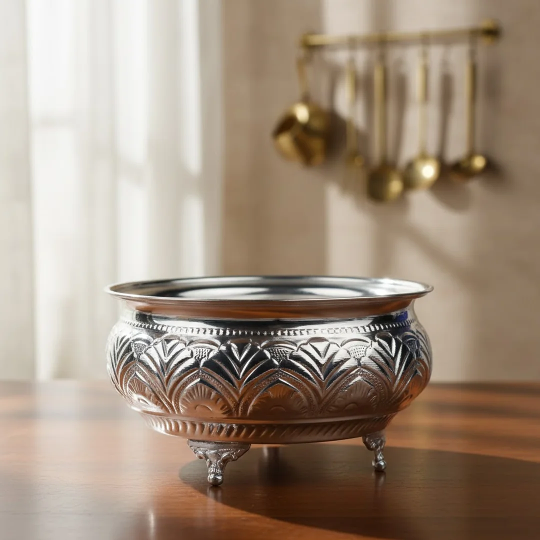 VPH Gift Store Elegant 8 Inch Prasadam Bowl in German Silver for Pooja