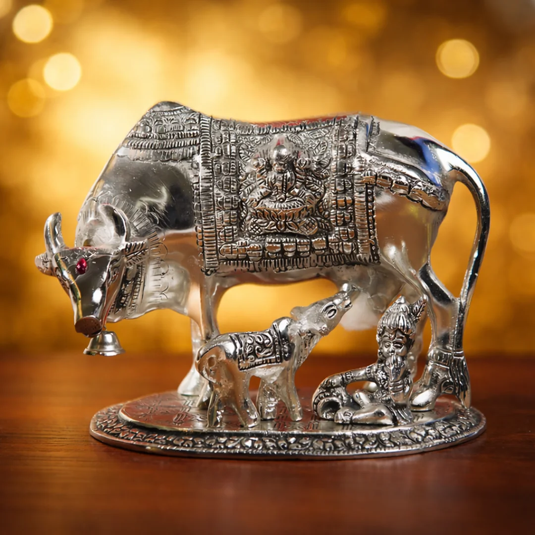 VPH Gift Store Traditional 8 Inch Cow and Calf Idol German Silver for Pooja