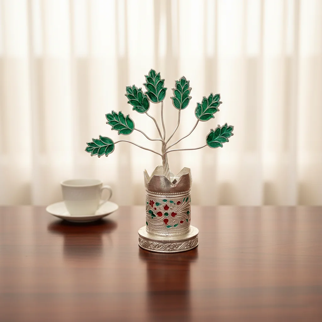 VPH Gift Store 3 Inch German Silver Tulasi Plant Stand Elegant Design
