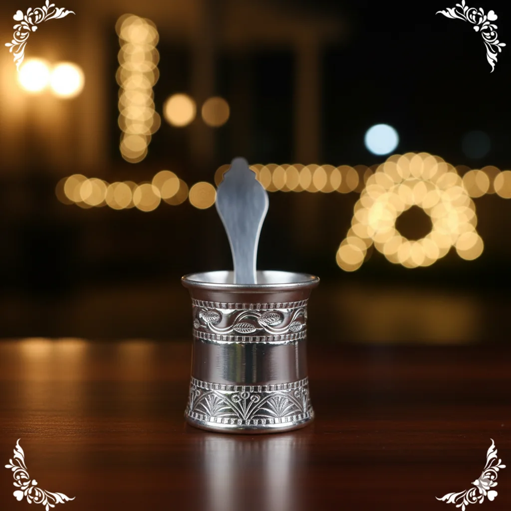 VPH Gift Store Panchapatra with Design German Silver Set for Worship