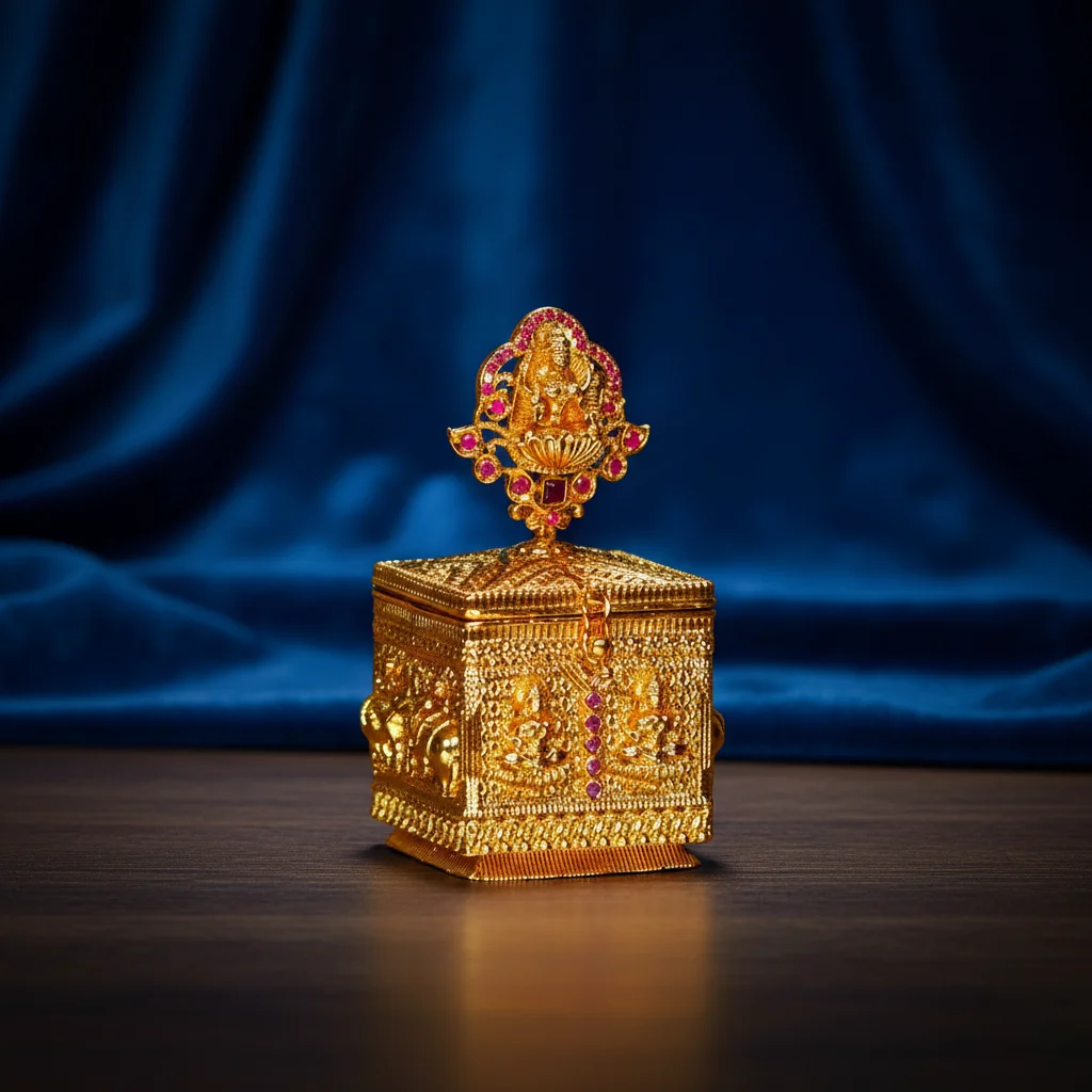 VPH Gift Store Exquisite Gold Kumkum Box German Silver for Pooja Use and Worship