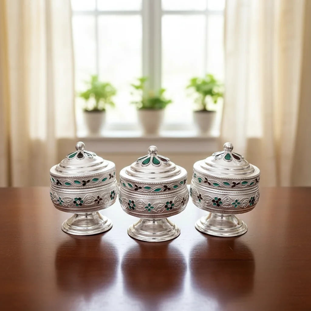 VPH Gift Store German Silver Small Meena Dabbi Perfect for Pooja and Gifting