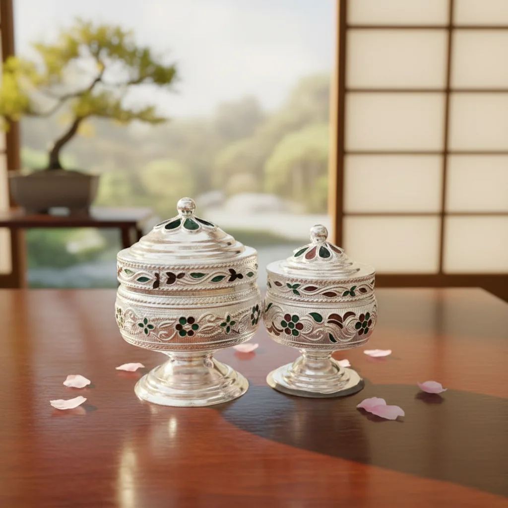 VPH Gift Store Elegant Big Meena Dabbi German Silver for Pooja and Gifts