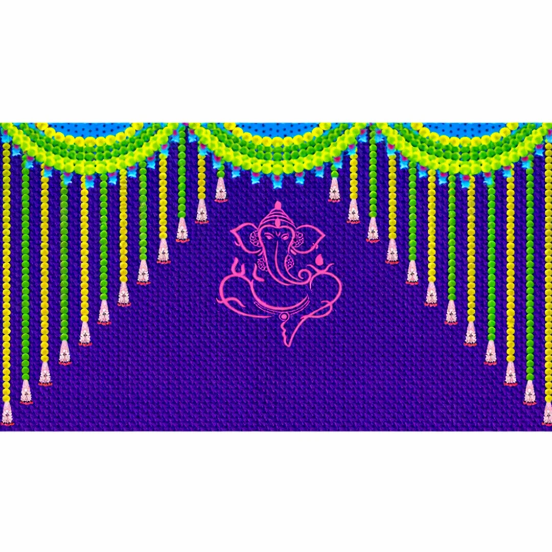 VPH Gift Store Green Coconut Leaf Backdrop with Ganesh & Marigold Flowers