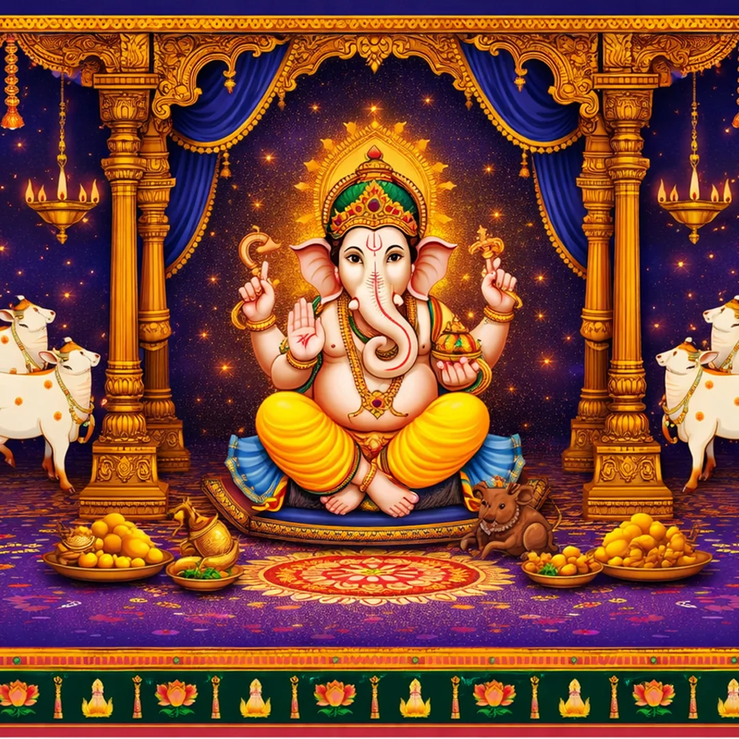 VPH Gift Store Ganesh Gomatha Motif on Blue & Yellow Backdrop