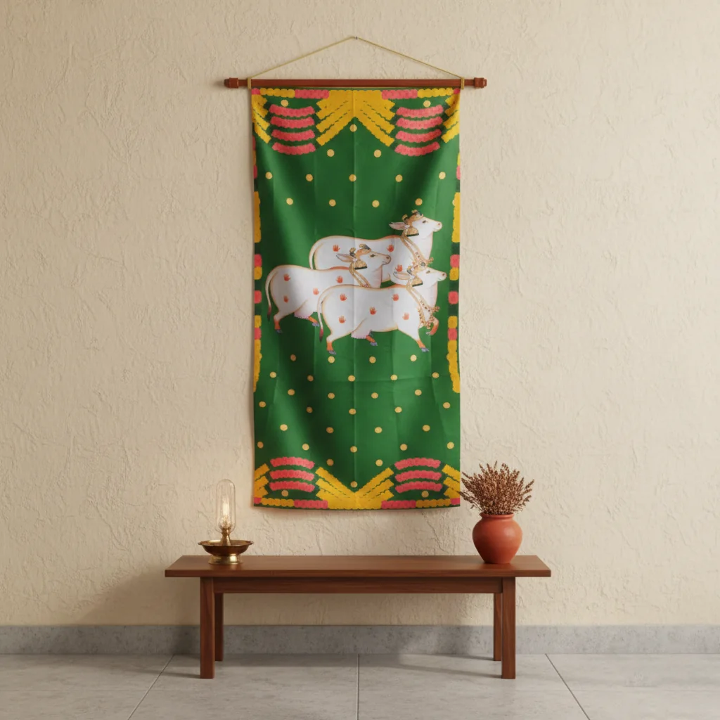 VPH Gift Store Green Gomatha Backdrop for Pooja (5x8 Ft)