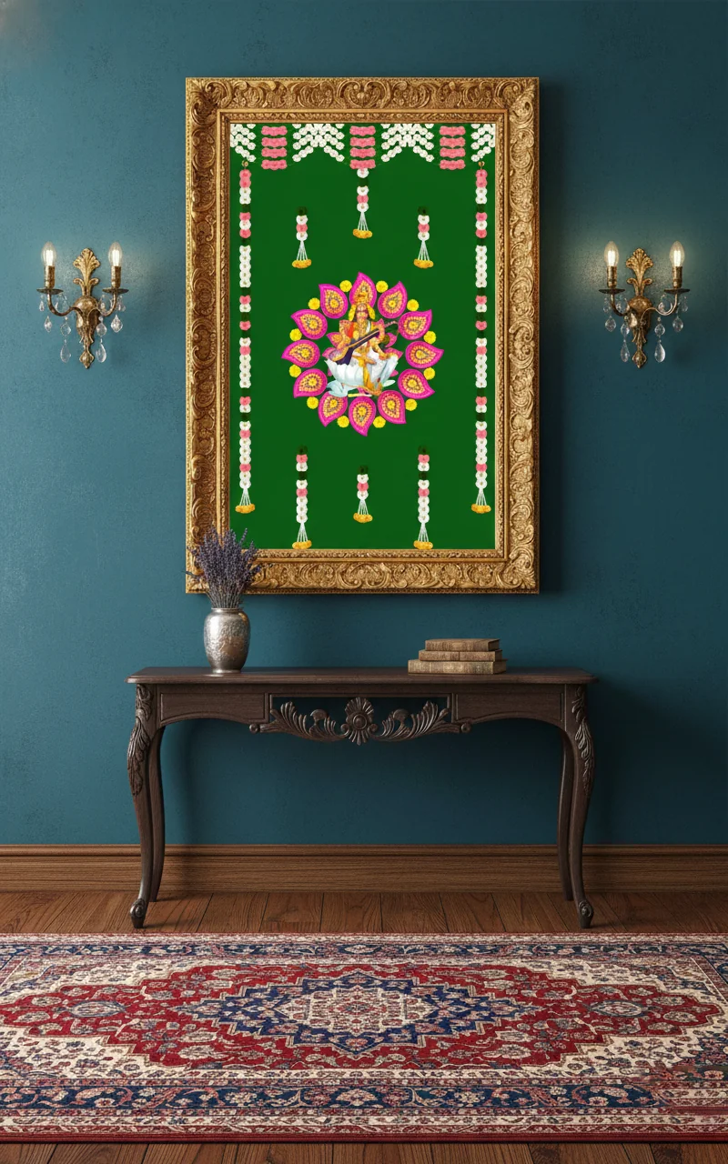 VPH Gift Store Green Saraswati and Flower Design Backdrop (5x8 Ft)