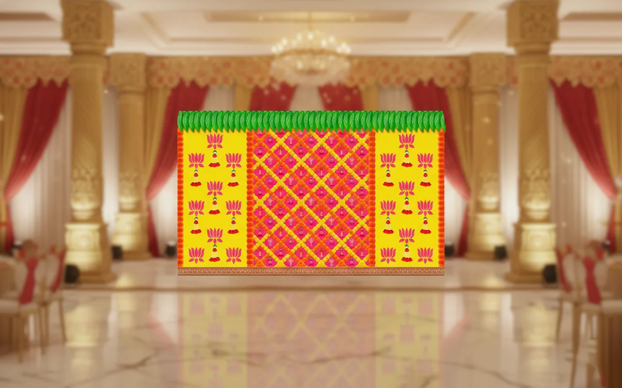 VPH Gift Store Lotus Flowers with Green Thoran on Yellow Backdrop (5x8 Ft)