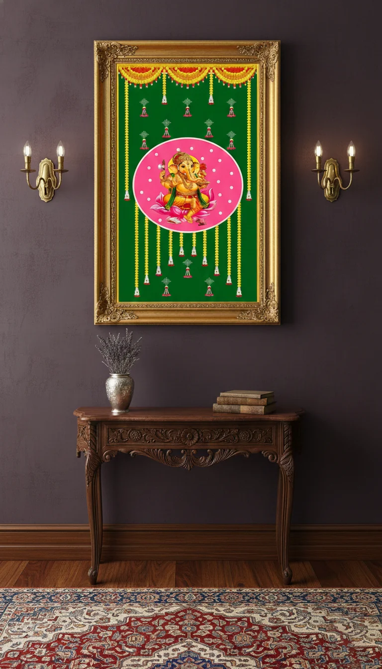 Sri Yagnaa Elegant Green Ganesh Backdrop (5x8 Ft) for Pooja & Festivals