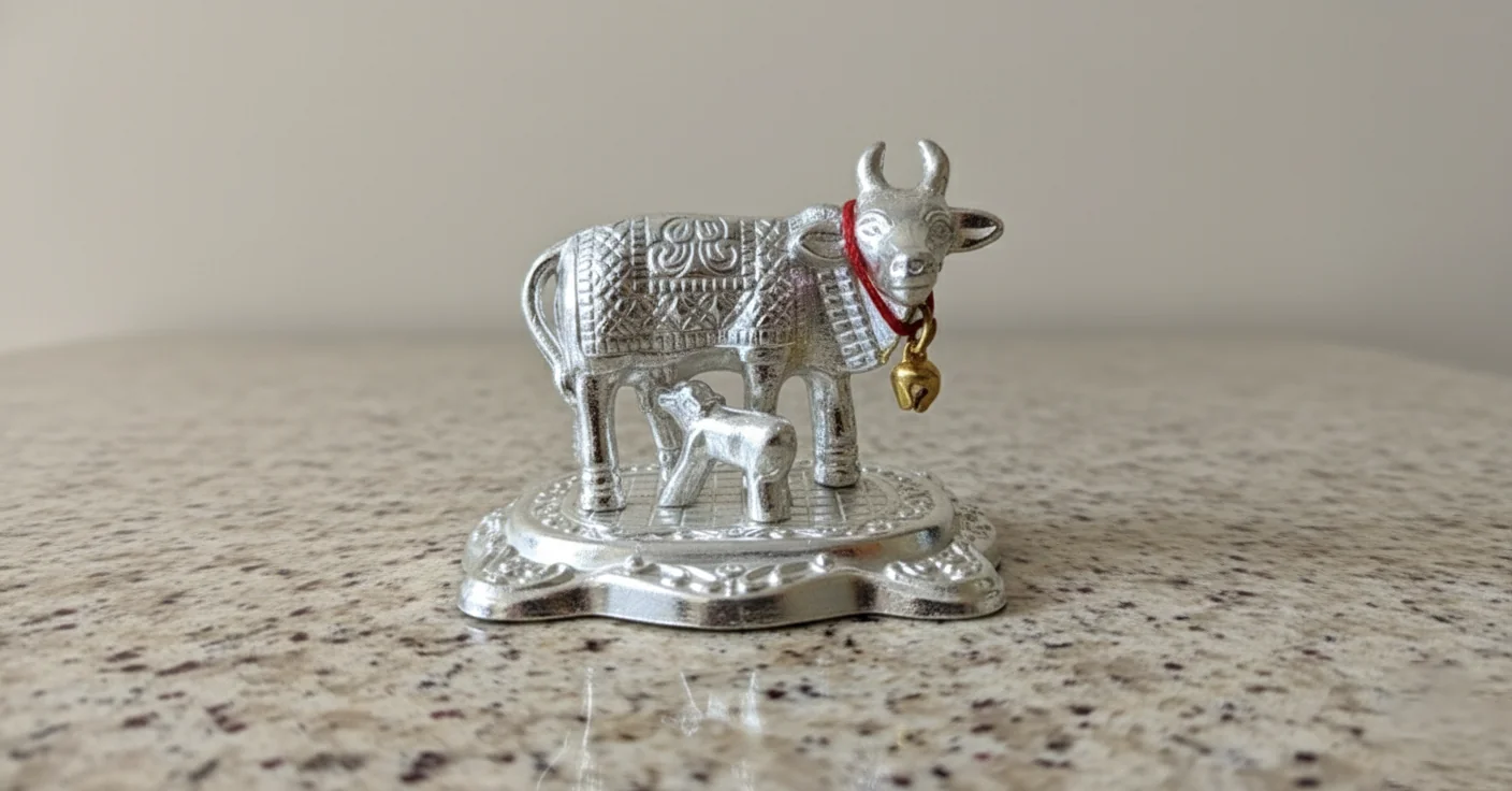 VPH Gift Store Elegant German Silver Cow Calf Statue for Temple Rituals & Religious Decor
