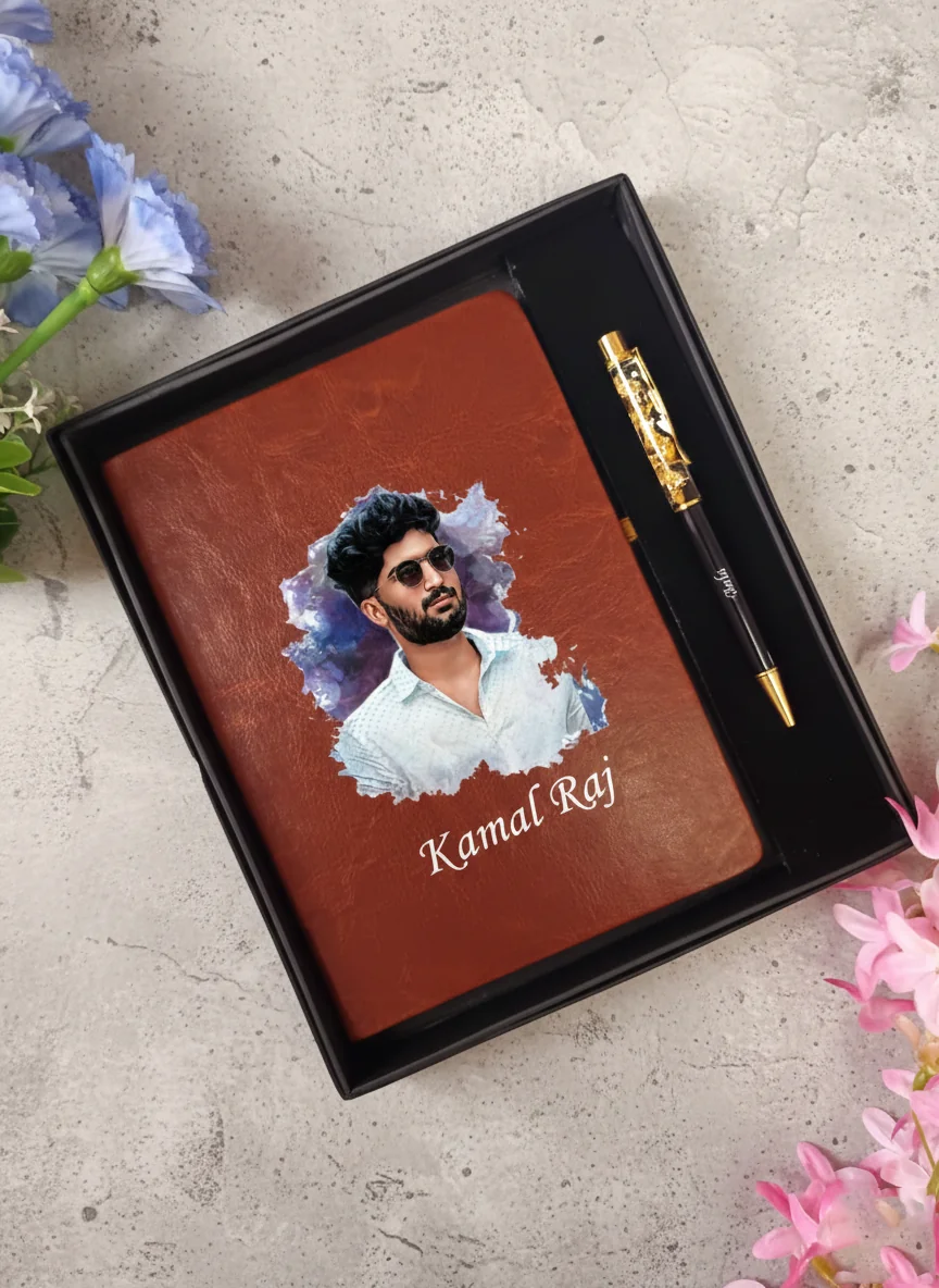 MH Decors Brown Personalised Engraving Photo Diary with Name Engraving Pen Gift Set