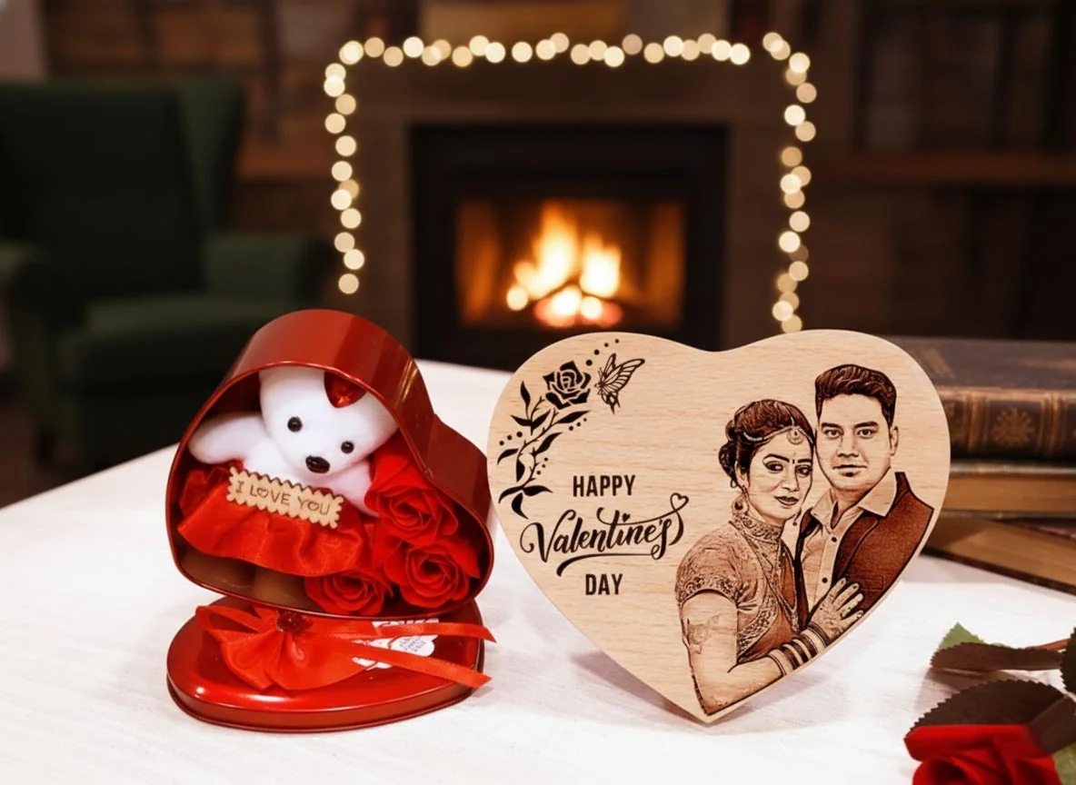Zpics Personalized Valentine’s Day Gift Combo Photo Frame and Teddy Bear Box