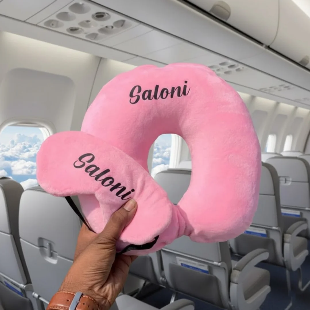 Zpics Customizable Pink Neck Pillow with Eye Mask for Travellers Personalized Gift
