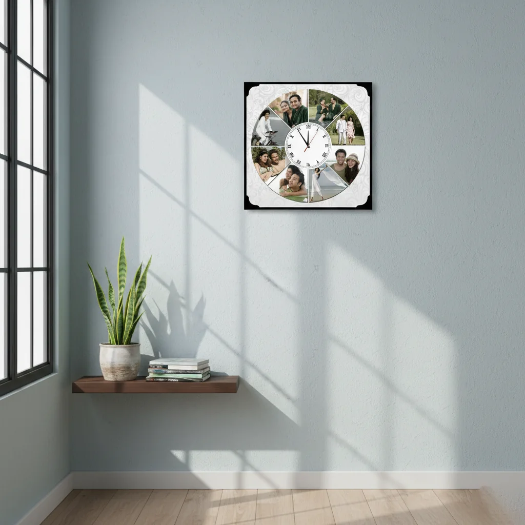 MH Decors Customizable 10x10 Inch Table Clock with 8 Photos for Any Occasion