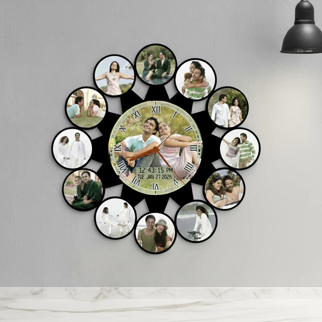 MH Decors Birthday & Anniversary Personalized Wall Clock 16x16 Inch 13 Photo Display