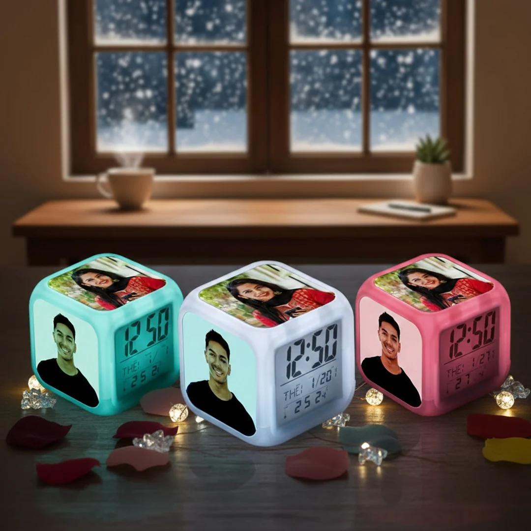 MH Decors 4-Photo Personalized Tabletop LED Alarm Clock 8x8x8 Inch for Loved Ones