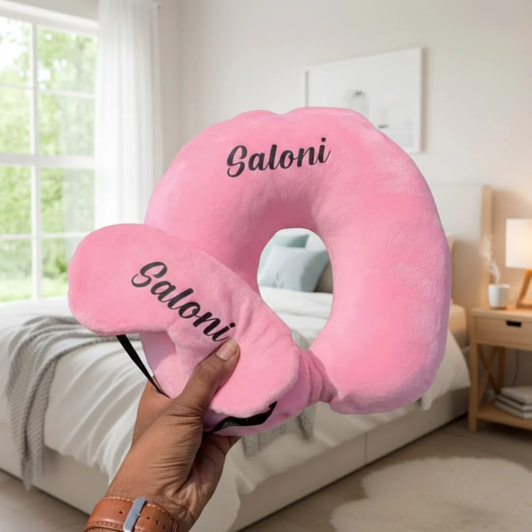 MH Decors Pink Personalized Neck Pillow with Eye Mask Perfect Gift for Frequent Travelers