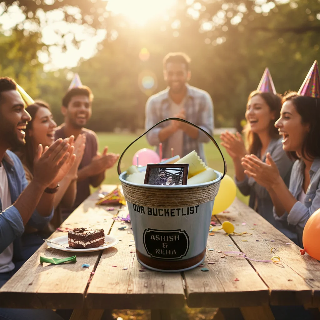MH Decors Vintage Style Metal Bucket with Chits, Polaroids, and Leather Trim