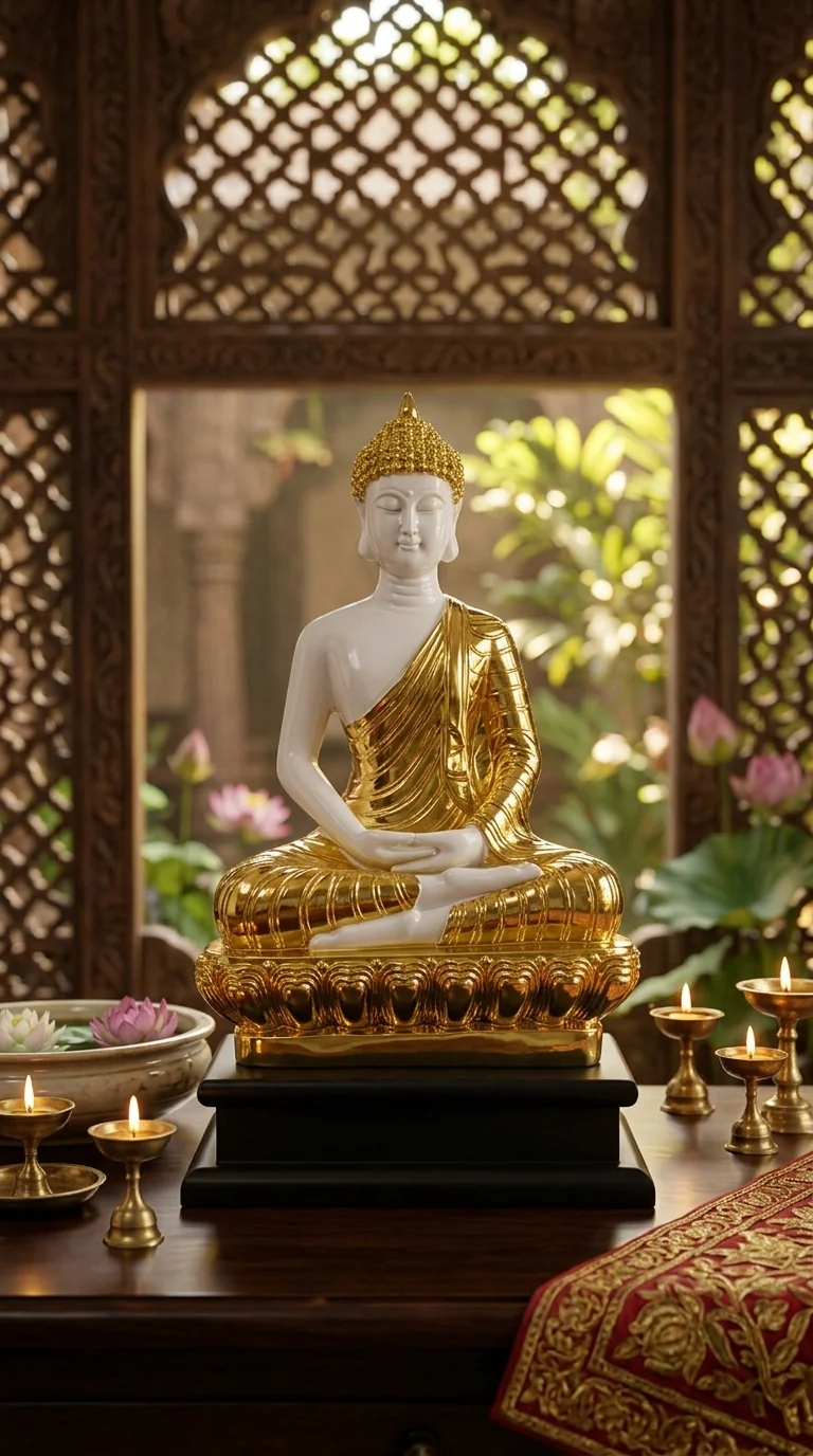 MH Decors Handcrafted Gautam Buddha White Gold Statue for Home and Office Decoration