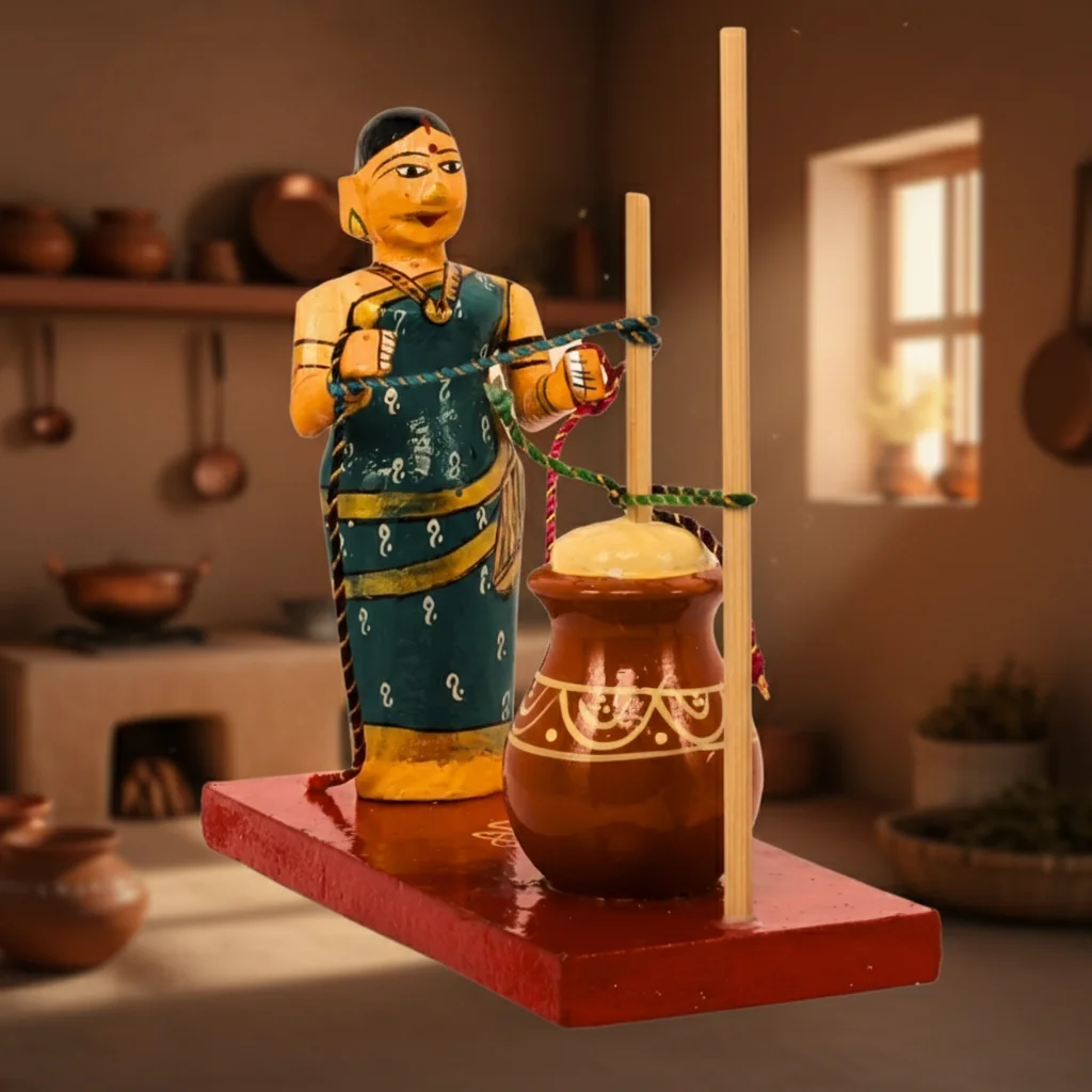 VPH Gift Store Wooden Kondapalli Village Lady Butter Making Handcrafted Home Decoration