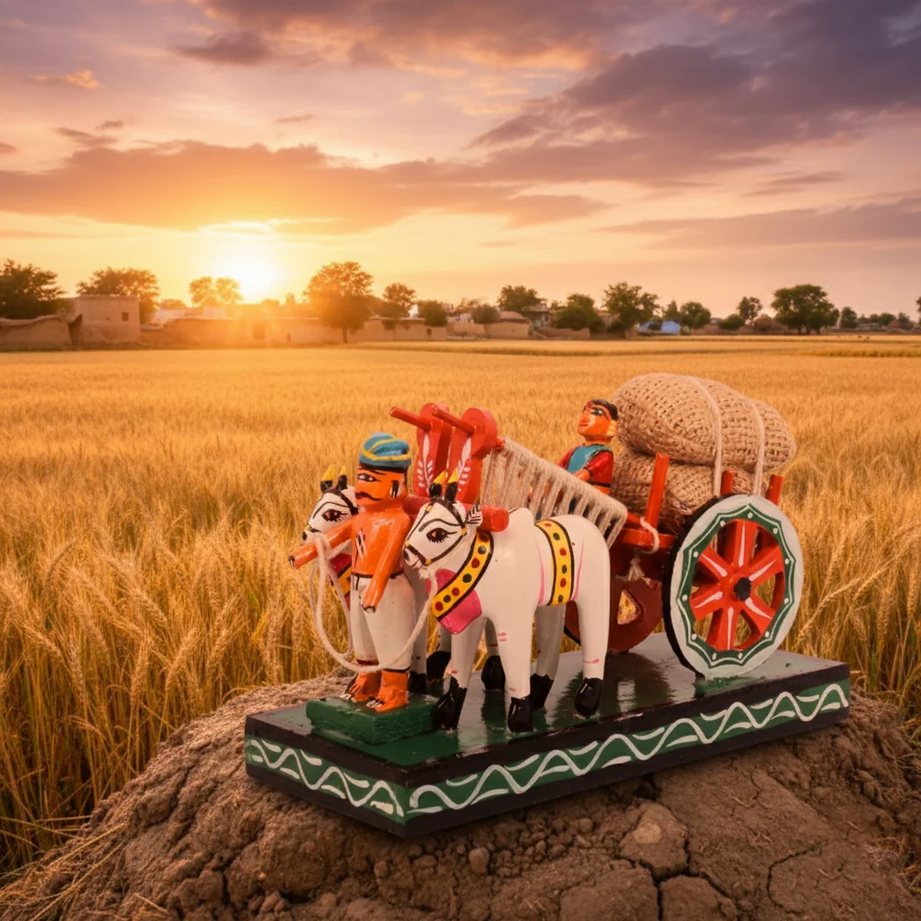 VPH Gift Store Kondapalli Wooden Small Bullock Cart Handcrafted Multi Colour for Home Interior