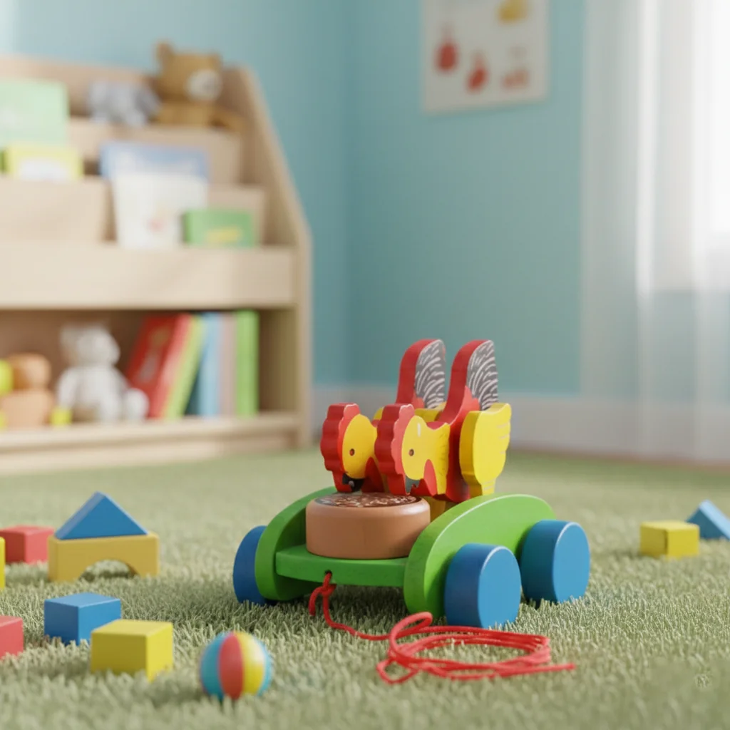 VPH Gift Store Handmade Kondapalli Wooden Chicken Drum Cart Pull Toy for Babies