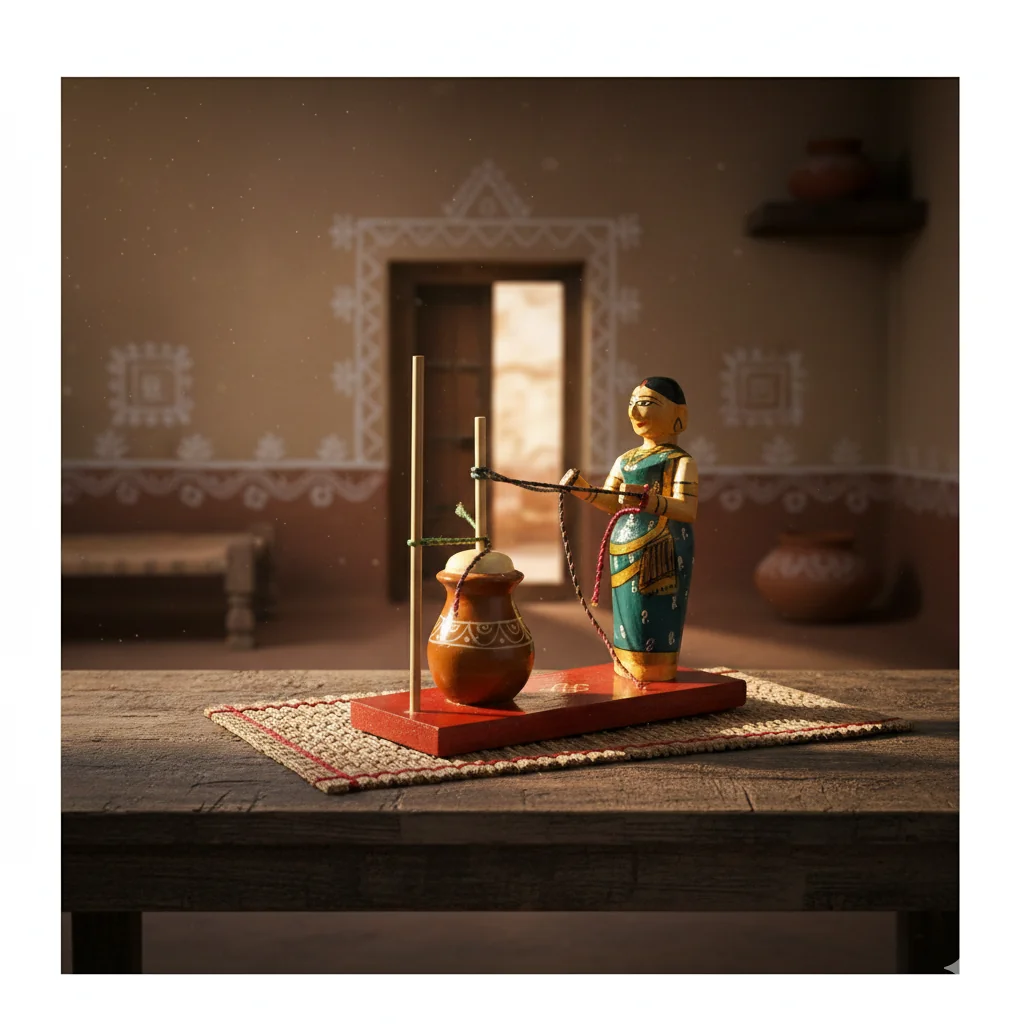 MH Decors Handmade Kondapalli Wooden Traditional Butter Making Lady Figurine for Living Room