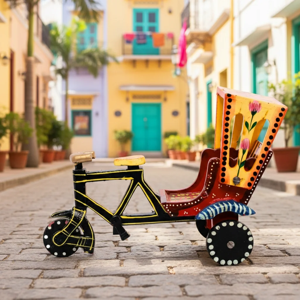 MH Decors Hand Painted Kondapalli Wooden Tricycle Rickshaw Toy Decorative Figurine