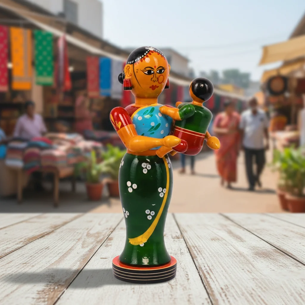 VPH Gift Store Kondapalli Wooden Mother and Child Statue Handmade for Living Room Decoration