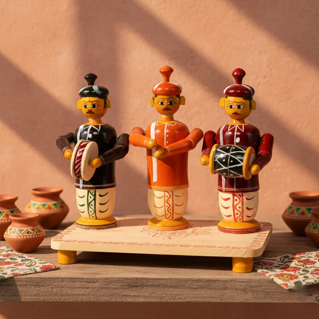 VPH Gift Store Kondapalli Wooden Musical Band Figurine Set 3 People Handcrafted Home Decoration