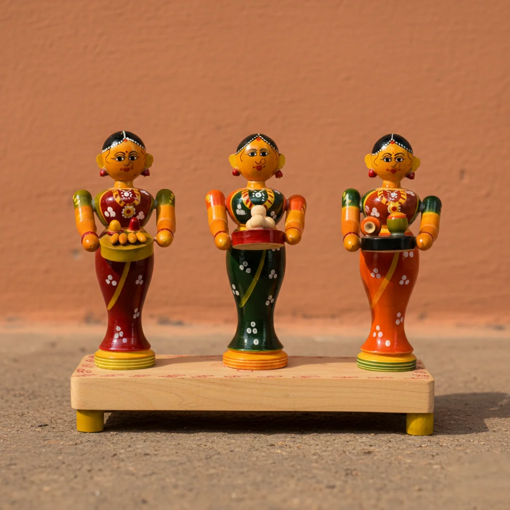 VPH Gift Store Kondapalli Wooden Village Ladies Figurines Standing with Fruits Handcrafted for Home