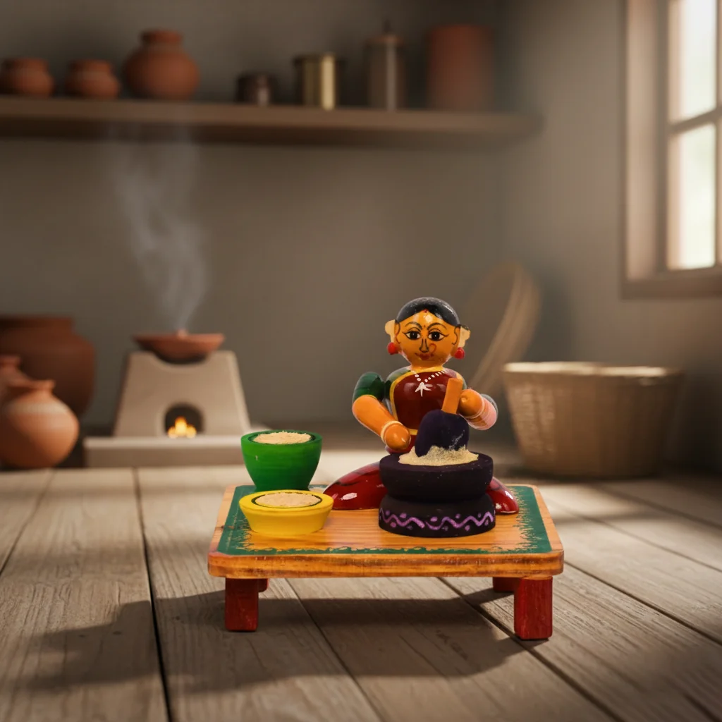 VPH Gift Store Handmade Kondapalli Wooden Village Lady Grinding Decorative Showpiece