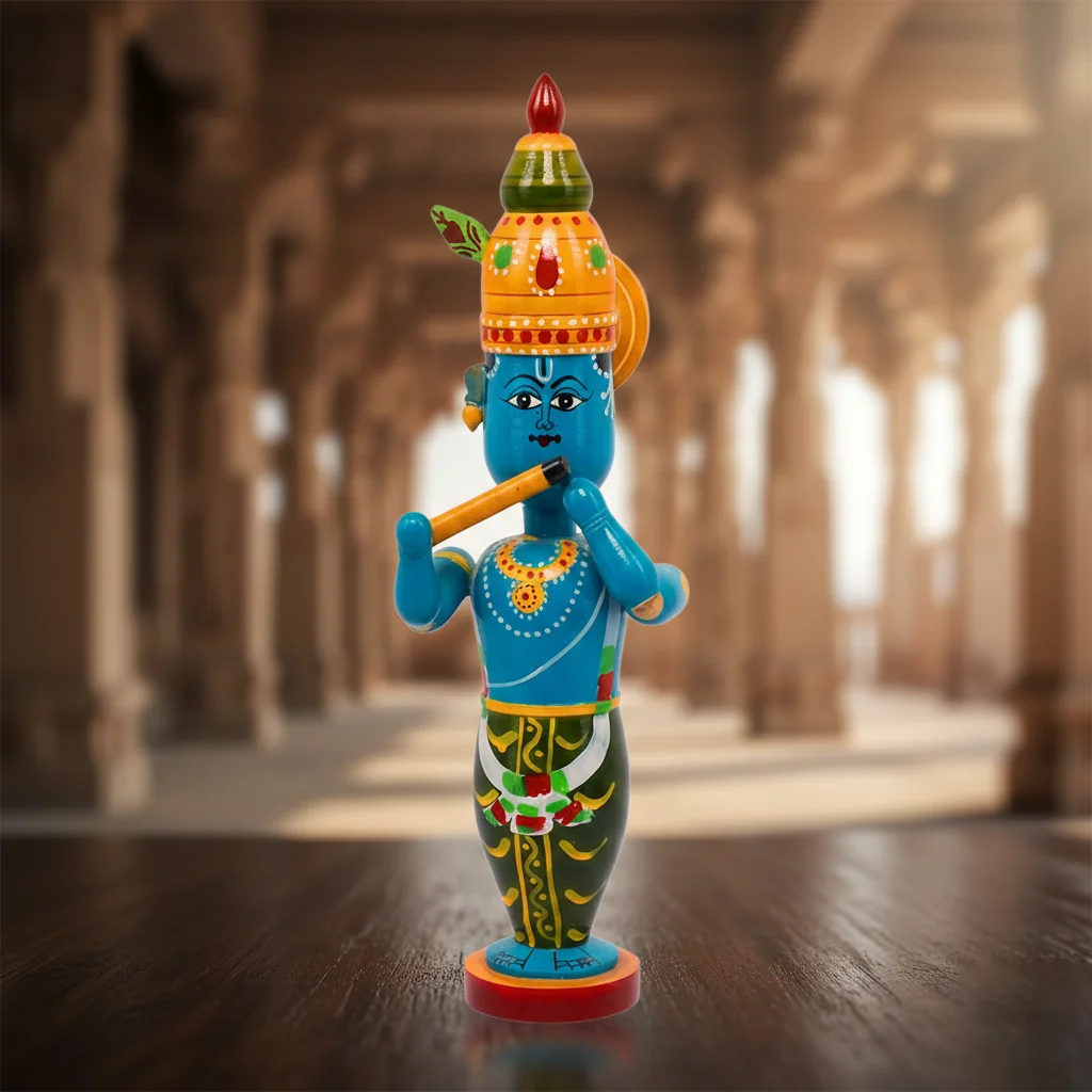 MH Decors Kondapalli Wooden Lord Krishna Decorative Idol Hand Painted for Home