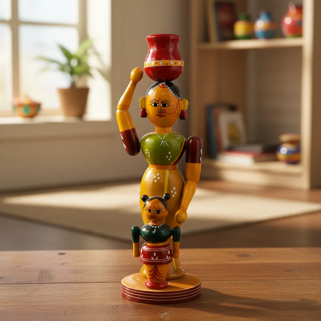 MH Decors Kondapalli Wooden Village Mother with Child Figurine Decorative Showpiece for Home