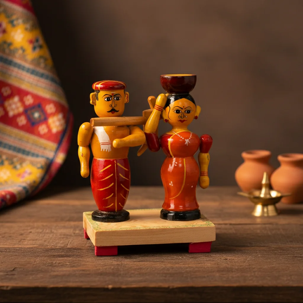 MH Decors Kondapalli Wooden Farmer Couple Decorative Figurines for Home Interiors