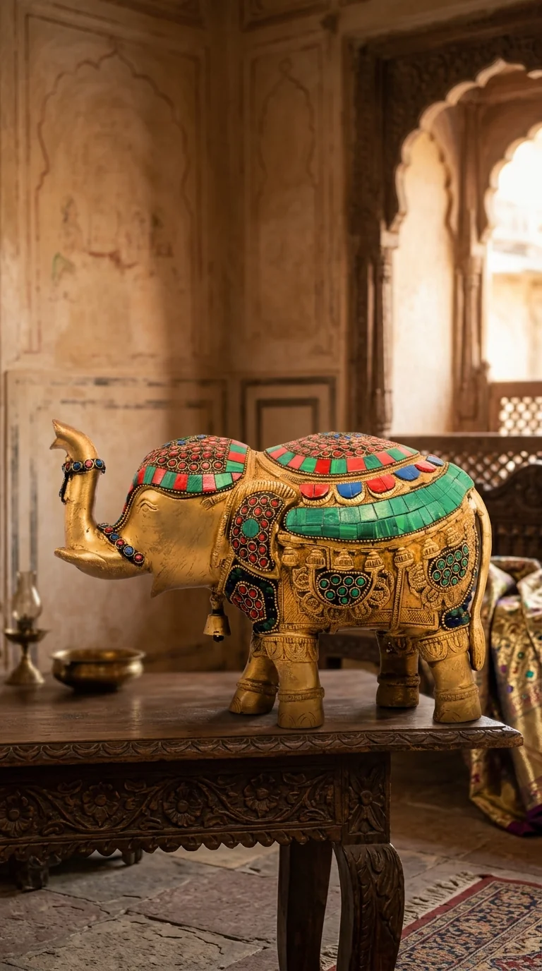 MH Decors Brass Multicolor Elephant Figurine with Bell Neck for Home Decoration