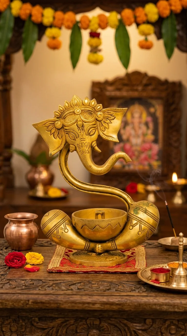 MH Decors Handmade Brass Ganesh Statue with Akhand Diya for Tabletop Decoration