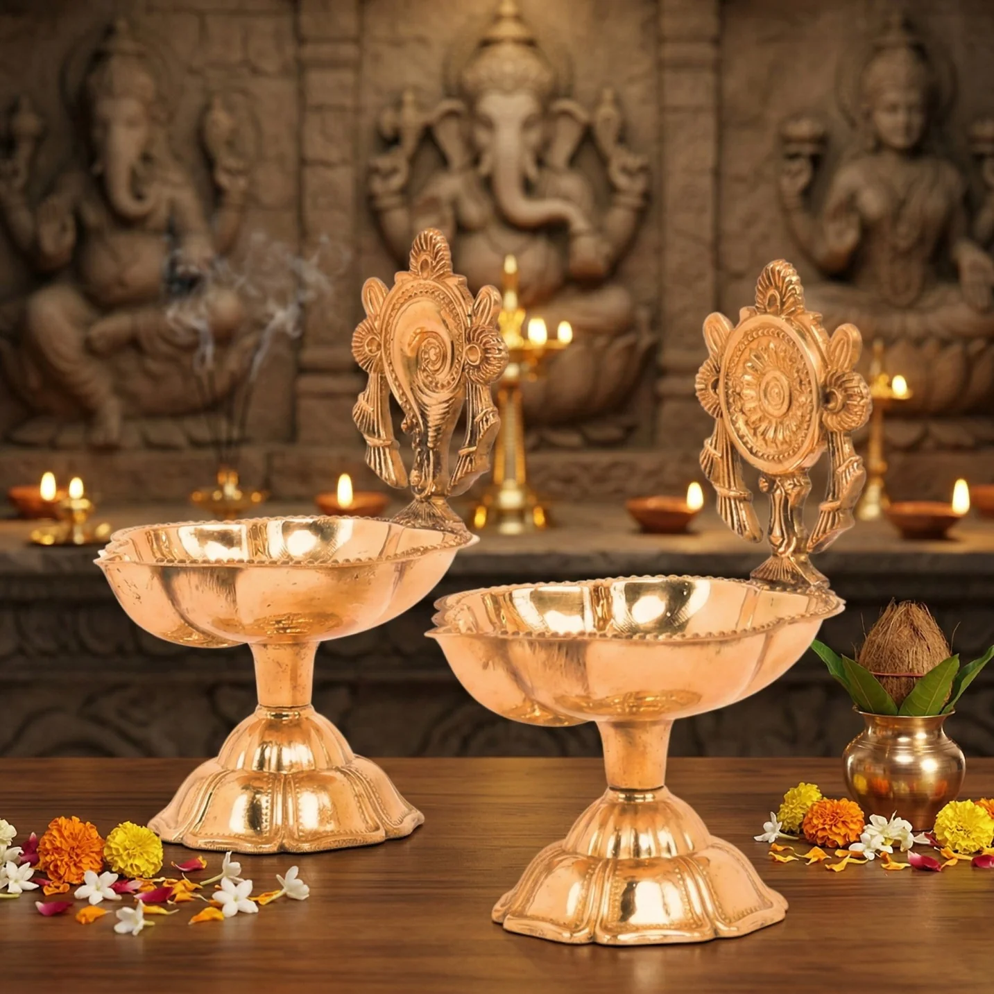 Value Gifts Traditional Brass Shankh Chakra Diya Set for Home Pooja
