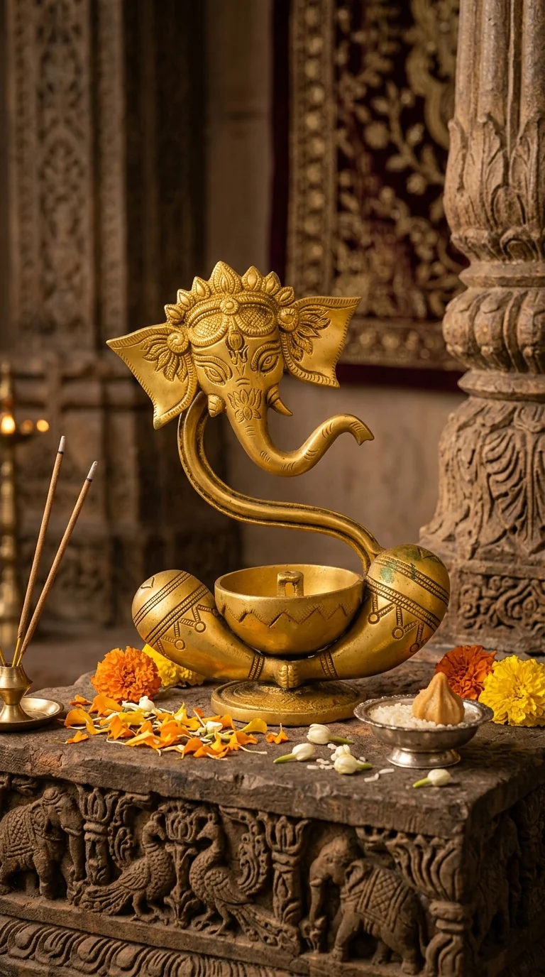 Value Gifts Handcrafted Brass Lord Ganesh Figurine with Oil Lamp for Tabletop Decor