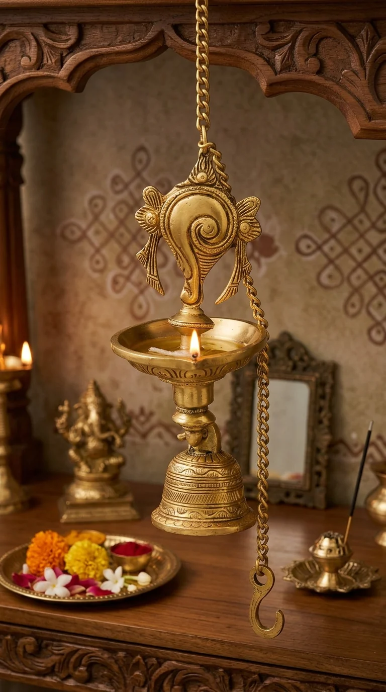 Value Gifts Brass Shanku Chakra Hanging Diya with Bells for Living Room and Pooja