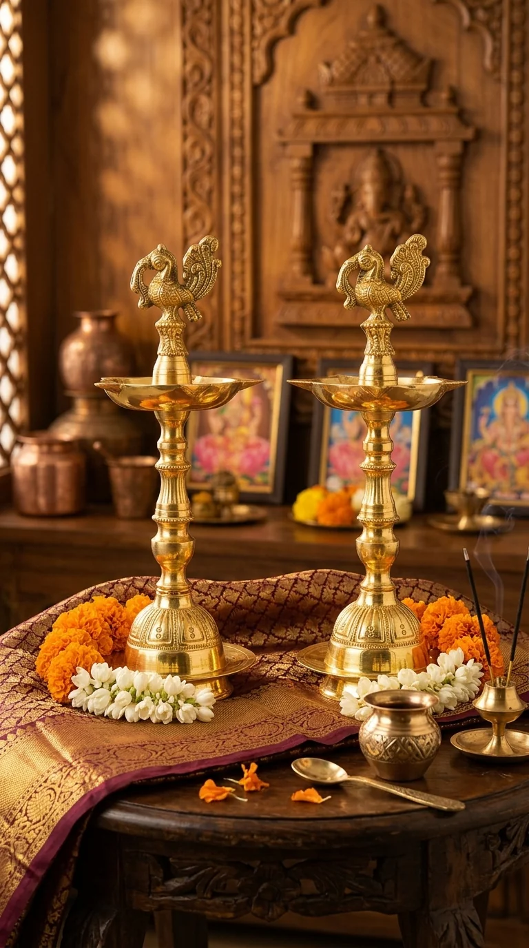 Value Gifts Brass Peacock Oil Lamp Set for Home, Temple, and Tabletop Decor